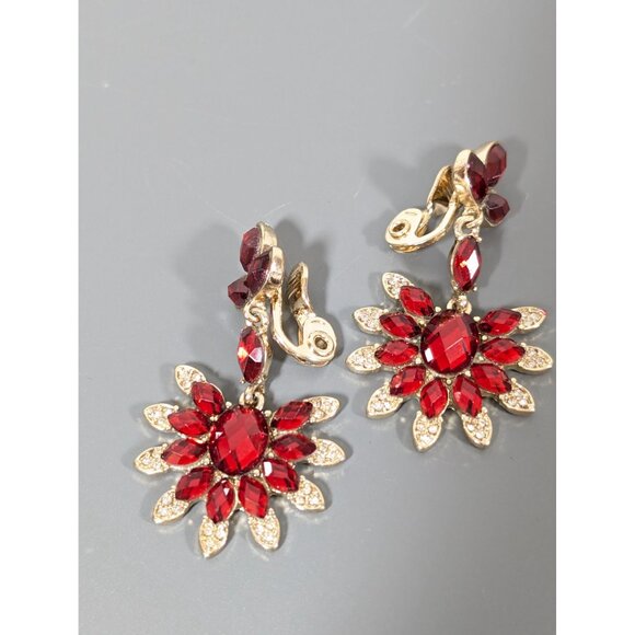 Napier Retro Red Crystal Flower Fan Dangle Clip On Earrings Evening Glam - Picture 2 of 7